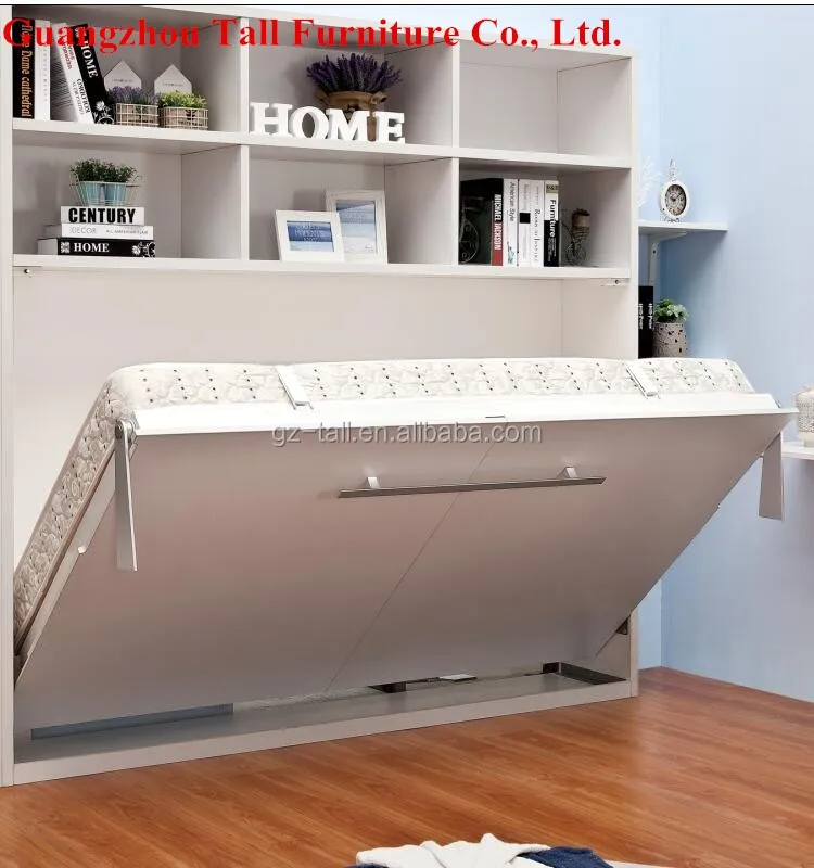 Venta al por mayor diseños cama plegable cama con estantería de pared