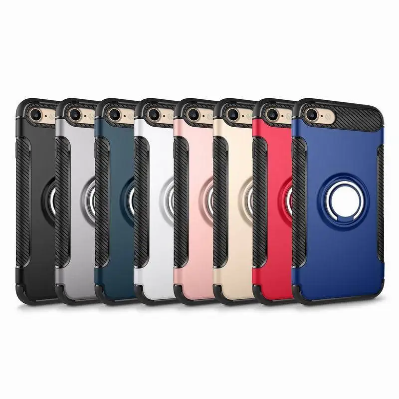 

luxury Shockproof Hybrid pc Rubber metal Ring Kickstand magnetic hard Armor carbon phone Case cover for iPhone 5S 6S 7 8 plus, As the picture show