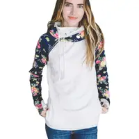 

White Wholesale Floral Raglan Sleeve Patchwork Double Hooded Sweatshirt