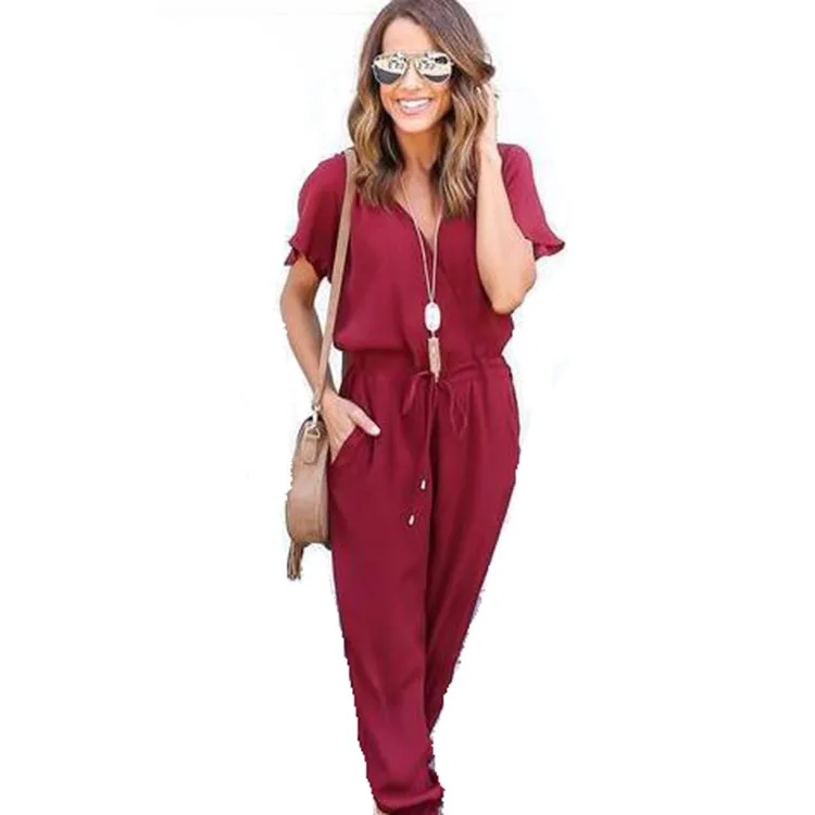 

Wholesale Office Rompers Women Summer V-Neck Tied Waist Sexy Party Playsuit formal Overalls Pockets Jumpsuit, Black;blue;and wine red