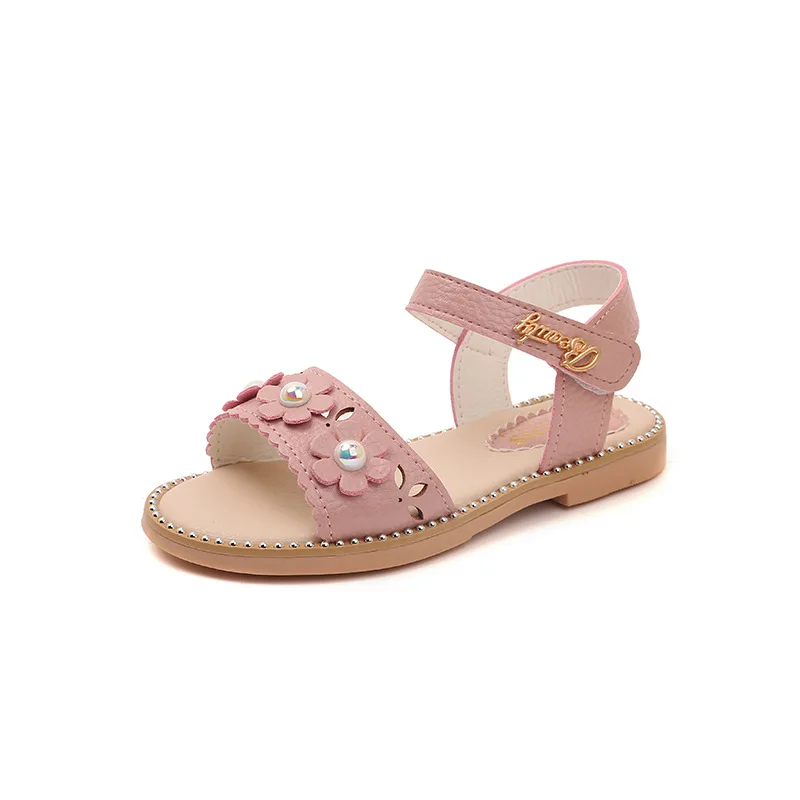 

New arrival flower leather girl children sandals shoes, White/blue/pink