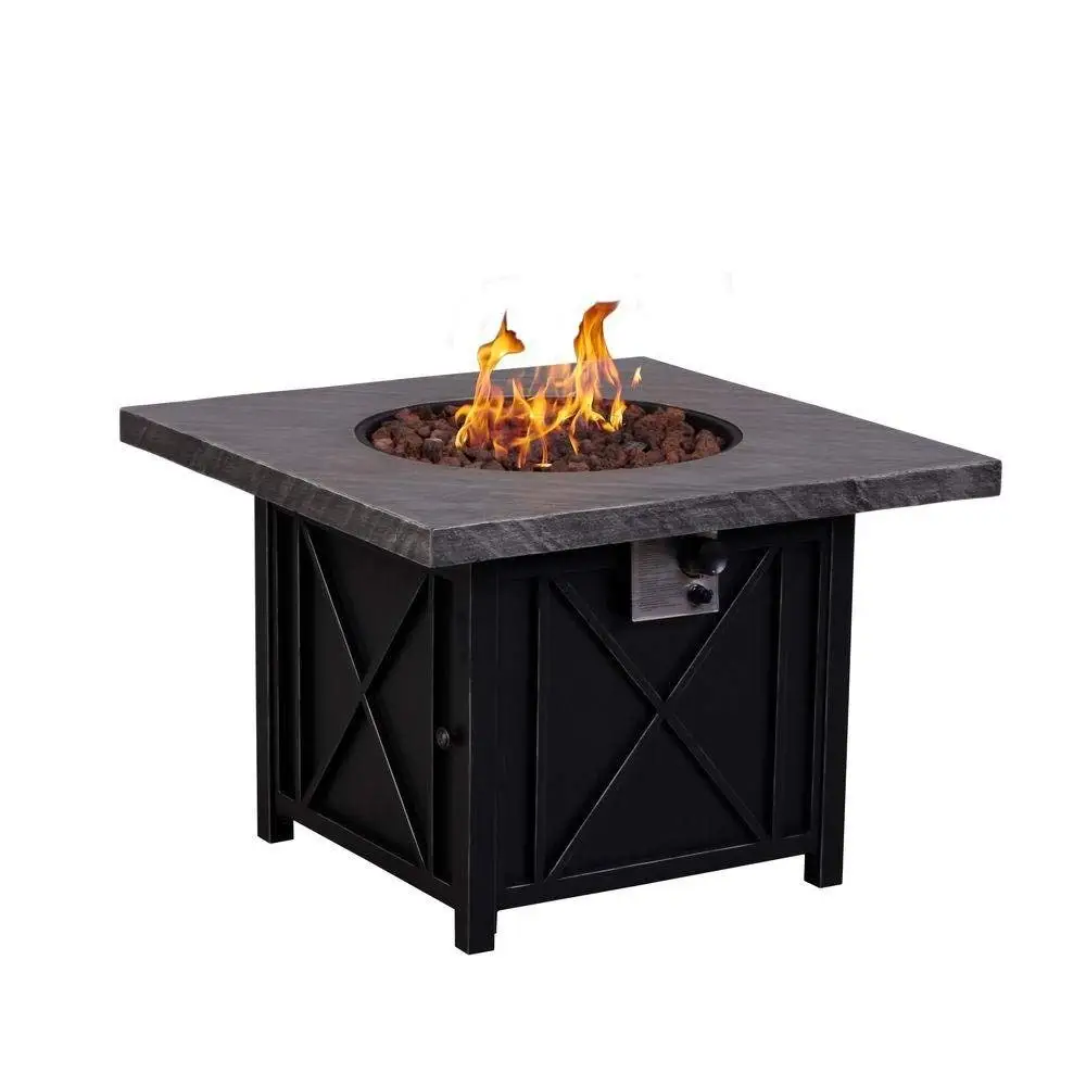 Square Terrafab Slate Look Top with Steel Base Propane Gas Fire Pit.
