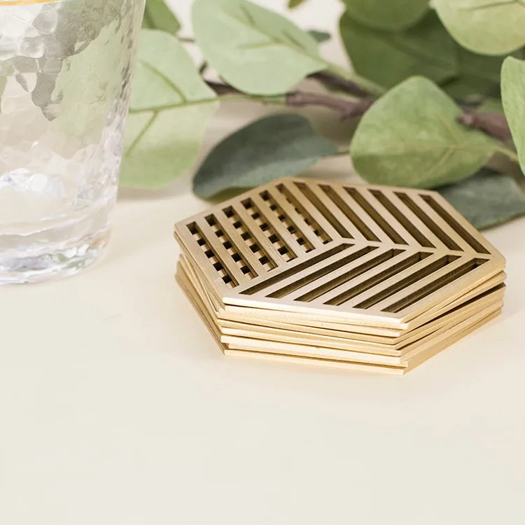 

High quality Round Hexagon Drink mat Brass Coaster Cup Mats For Home decoration