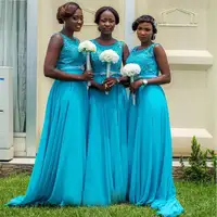 

ZH3092G Turquoise Blue African Bridesmaid Dresses 2018 Elegant Appliques Lace Chiffon Beading Floor Length Long Bridesmaid Gowns