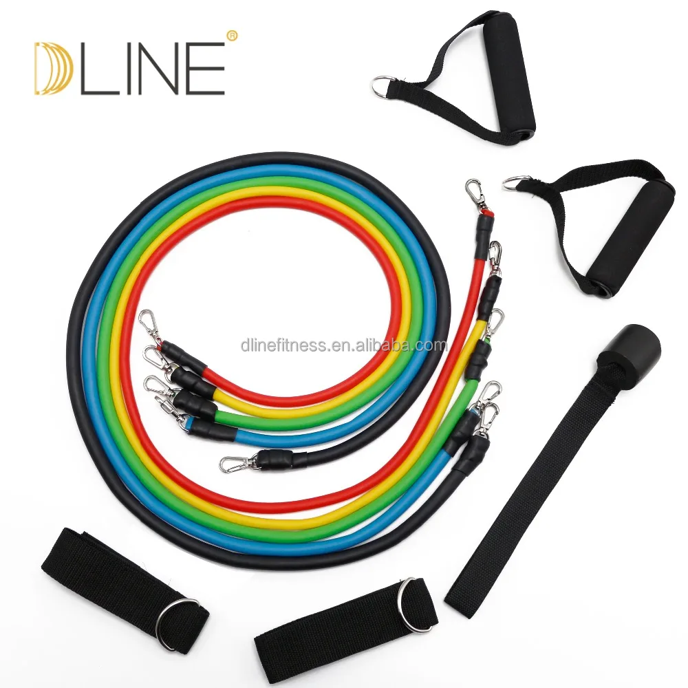 

Dropship high quality 11pcs resistance bands set with exercise band, Black,bule,red,yellow,green