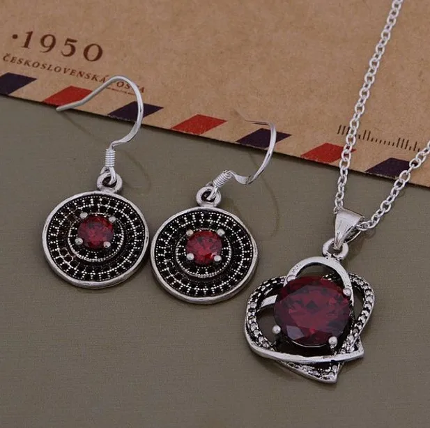 

Hainon Charm red zircon heart-shaped jewelry set earrings necklace fashion ladies jewelry wedding, Black gold