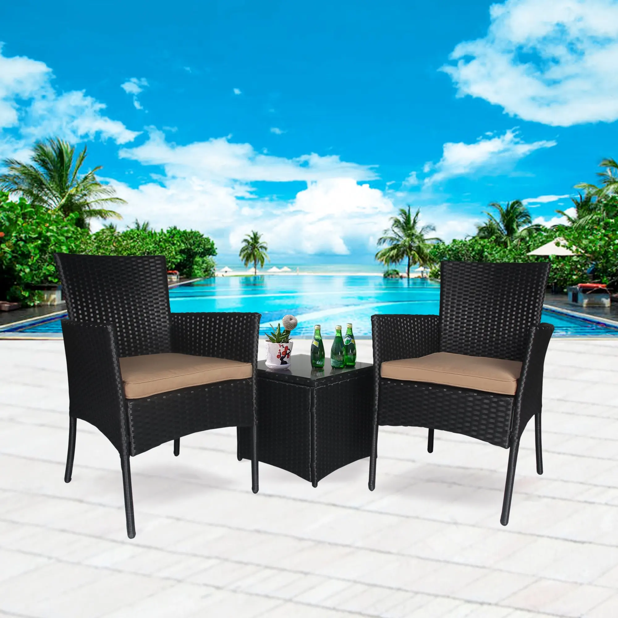 Buy Cloud Mountain Outdoor 3 Piece Patio Bistro Set Chair Set Wicker Rattan Bistro Set Wicker Furniture Two Chairs With Glass Coffee Table Black Rattan Khaki Cushions In Cheap Price On