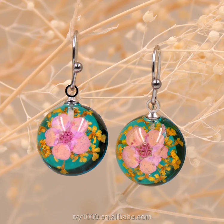 Round fashion resin earrings with real dried flower earrings for women jewelry acrylic earrings