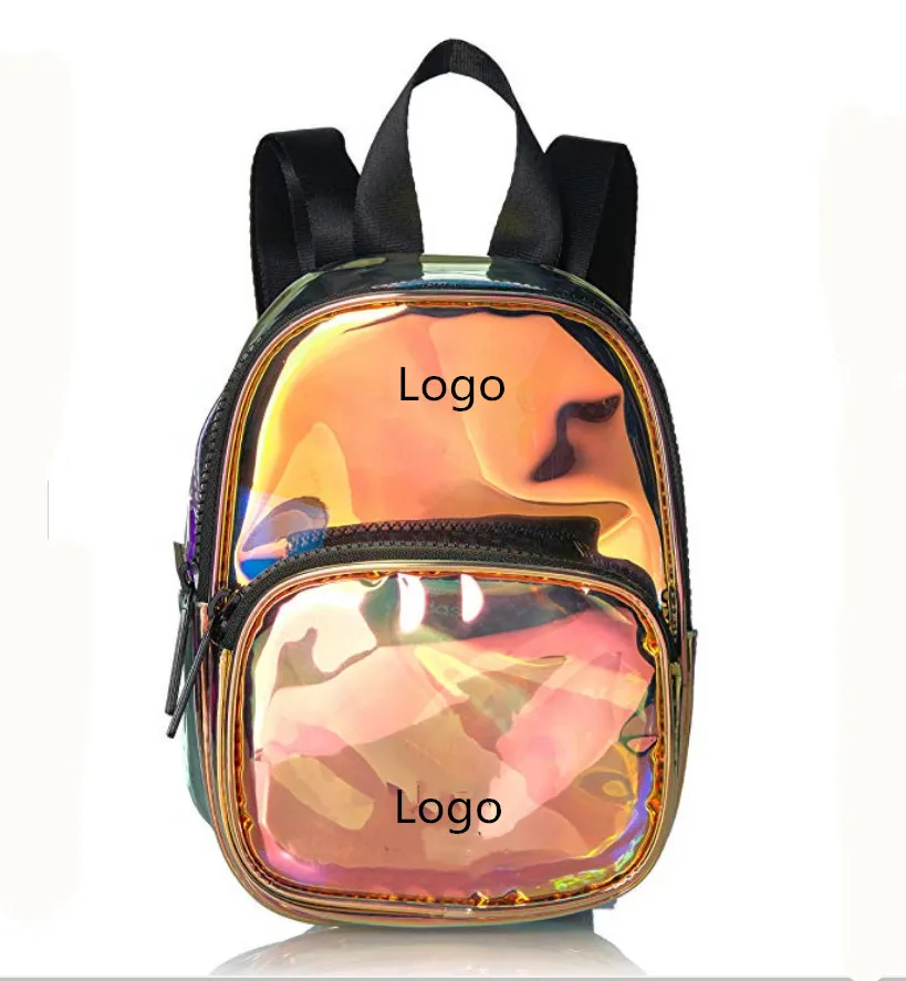 

2019 Amazon hot sale mini holographic transparent PVC backpack with pocket, wholesale custom waterproof backpack bag for gift