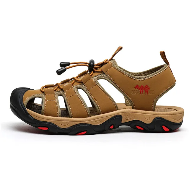 

china wholesale customized mens summer fashion leather sport slippers sandals 2019, Brown