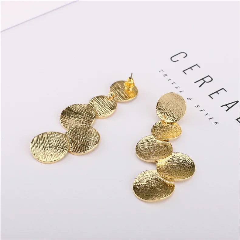 

18K Gold Plated Geometric Textured Metal Disc Dangle Earrings Round Circle Post Stud Earrings, Picture shows