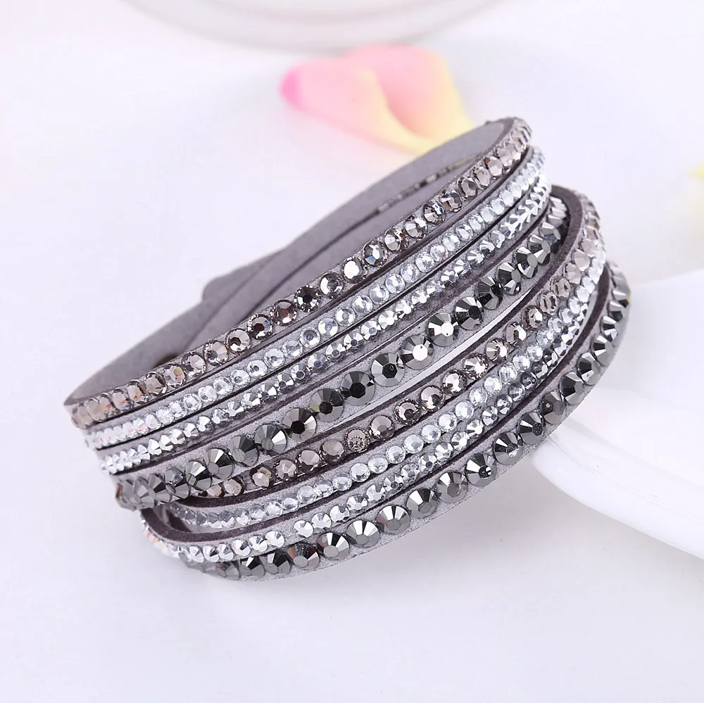 

New Leather Bracelet Rhinestone Crystal Bracelet Wrap Multilayer Bracelets for women feminino pulseras mulher Jewelry, Sliver,black,brown,red,green,purple