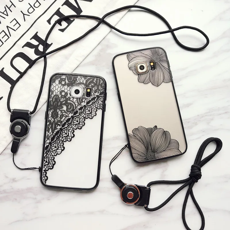 

New Black Floral Pattern Phone Case for Galaxy S6 S6 Edge S7 S7 Edge s8 Hard Pc flower Back Cover Cases Lanyard