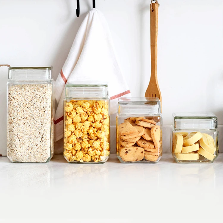 

Wholesale glass bottle storage food tea coffee sugar kitchen storage jar with lid empty square800ml 1000ml 1500ml 2000ml