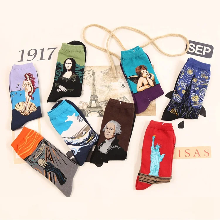 

2019 Amazon Popular Art Socks Vintage Oil Painting Character Happy Socks Unisex OEM Floor Funny Cotton Tube Socks, Red;rose red;black;and grey;or customize
