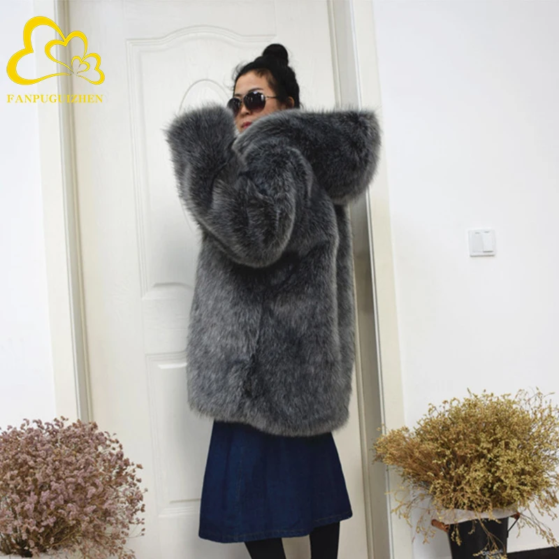 

2021 Fox Fur Overcoat Jacket Women Faux Fur Coat, Picture