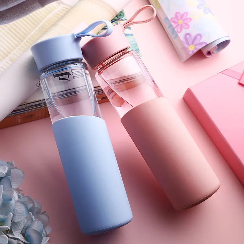 

HT200005 320ml Candy Color Glass Drinking Water Bottle Portable With Silicone Sleeve Drinkware Sport Bicycle Bottles, Refer to pictures