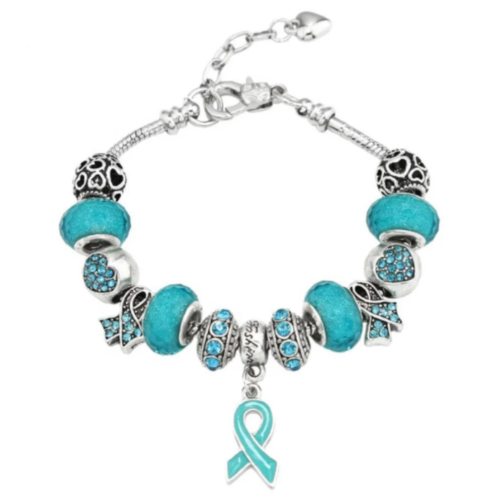 

Teal Ribbon Ovarian Cancer Awareness Big Bead Bracelet