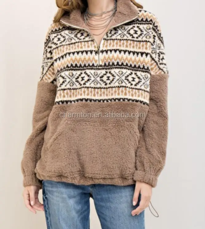 patterned sherpa pullover