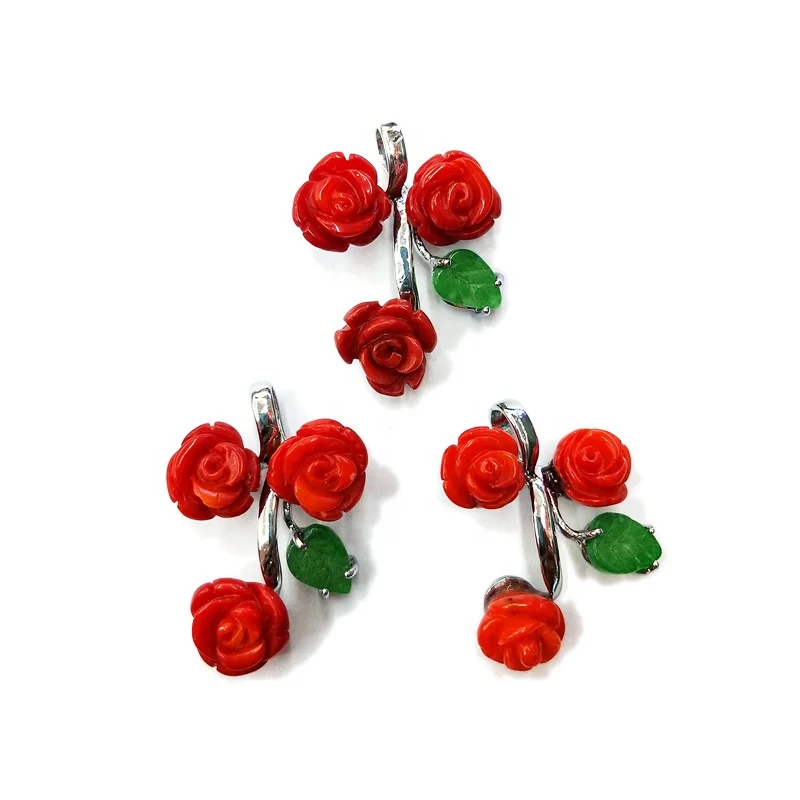

Hand Carved Red natural Bamboo Coral Pendant coral flower pendants with green jade leaf stainless steel charms