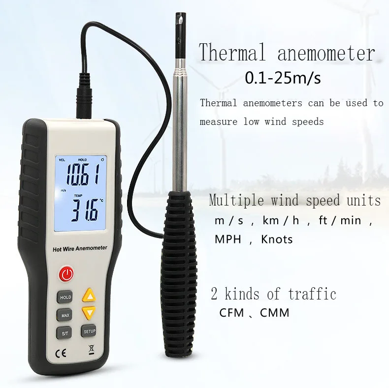 KANJJ-YU Portable Hot Wire Anemometer with IR Thermometer ST730 