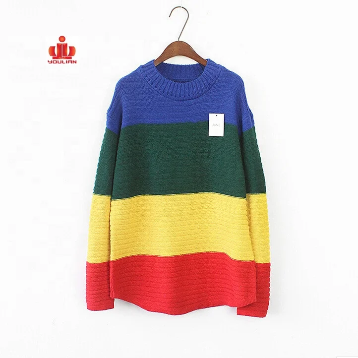 

crewneck wholesale fashion women pullover jacquard sleeve vertical knit rainbow stripe sweater