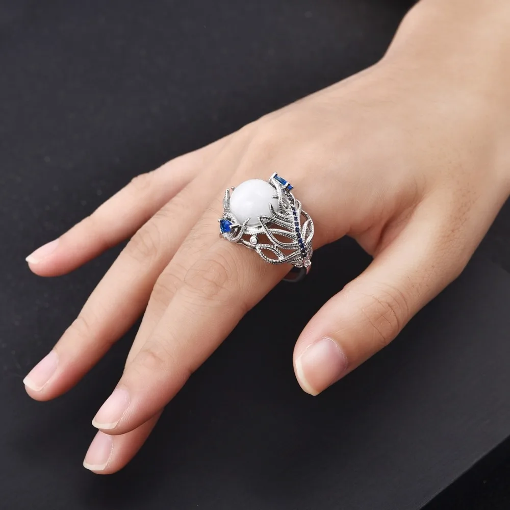 

Vintage Silver Hollow Natural Opal Cat Eye Rings Silver Feather Big Stone Rings for Women Fashion Jewelry, Sliver