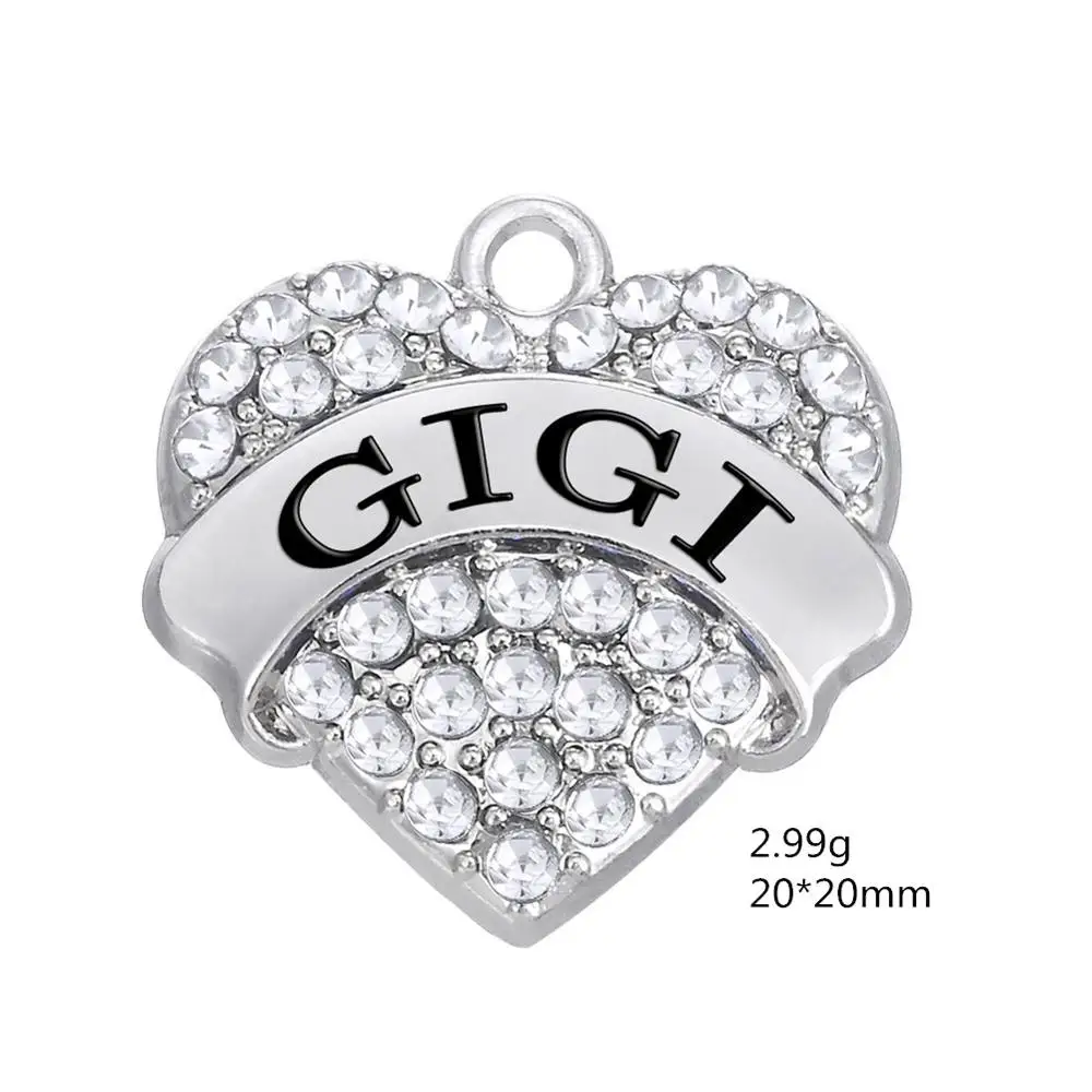 

2018 Fashion Engraved GIGI MIMI NANA LIL SIS Crystal Heart Metal Charm Name Series, Pink,white,blue