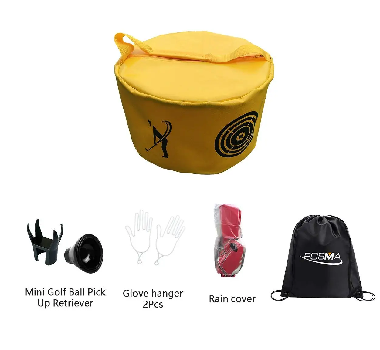 POSMA HB010I Golf Hitting Bag Swing Impact Power Smash Bag Training Set with 1pc Rain cover + 2pcs Glove hanger + 2pcs mini Golf Ball Pick Up Retriever + Cinch Sack Carry Bag