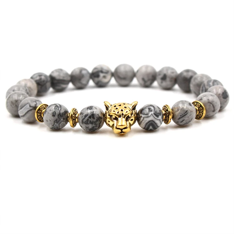 

Antique Gold Leo Lion Head Bracelet Men Natural Stone Beads Charm Bracelets (KB8077), As picture