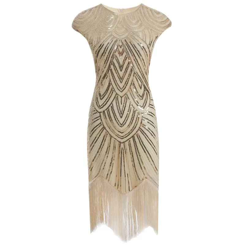 

Vintage 1920s Flapper Great Gatsby Dress O-Neck Cap Sleeve Sequin Fringe Party Midi Dresses Vestidos Verano Y10510