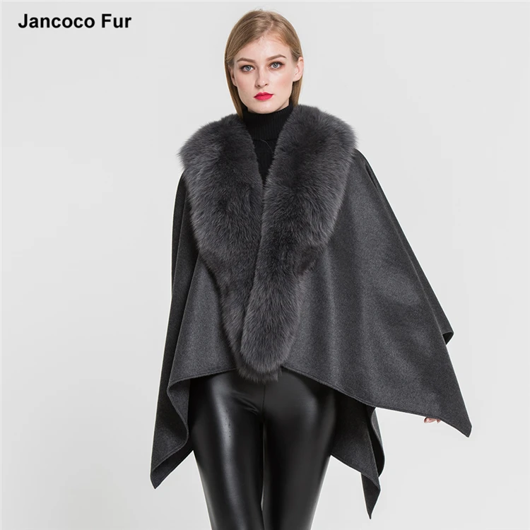 
Factory Direct Wholesale Cashmere Poncho with Fox Fur Trim Women Winter Fur Cape Gilet 