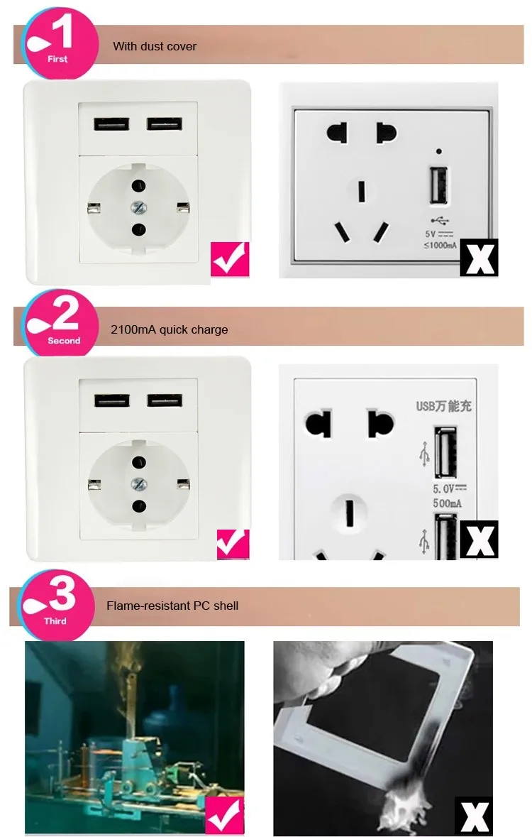 Eu Type Portugal Usb Electrical Wall Mount Socket Outlet 2 Usb Port 2