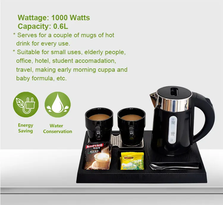 Honeyson top welcome tray set double wall hotel electric kettle