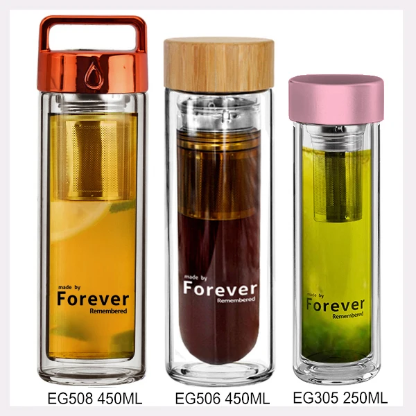 

EG505 14oz Custom logo thick bottom double wall glass water bottles with bamboo lid &tea infuser wholesale logo, Natural transparent