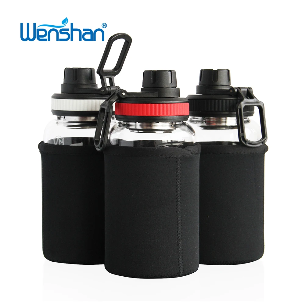 

750ml Retail and online single borosilicate glass water bottle with new plastic lid, Blue/red/silvery