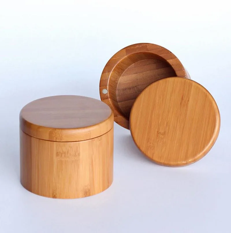 

Food Safe Round Bamboo Salt Jar Spice Storage Box With Magnetic Swivel Lid
