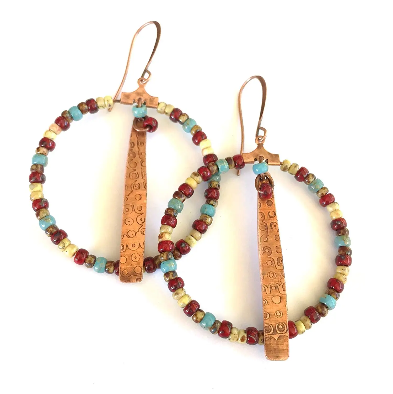 Boho Beaded Hoop Earrings in Red, Turquoise, White and Brown with Textured Copper Drops by BANDANA GIRL Gypsy Bohemian