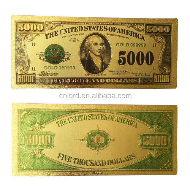 currency us dollar 5000 pure gold foil banknote with color