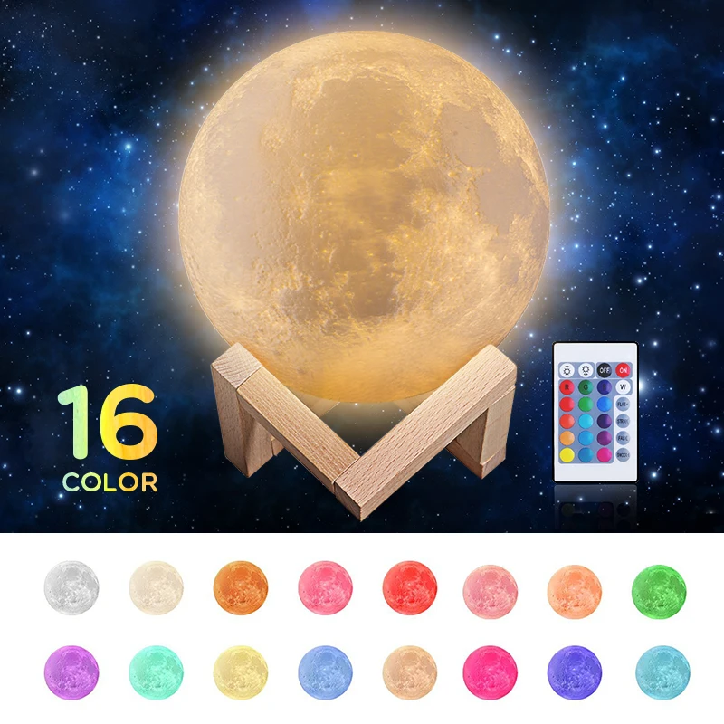 White 6 inches moon light,  rechargeable 3D printed lunar lamp, remote 16 colors changing night light