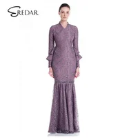 

2019 High quality fashion V- Neck Long Sleeves fold dress Lace Embroidery Fishtail Elegant Baju Kurung For lady