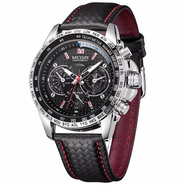 

MEGIR 1010 Sport Mens Watches Top Brand Luxury Quartz PU Strap Clock Men Big Dial Male Clock, 2 different colors as picture