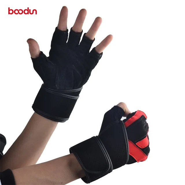 

Boodun leather Weight Lifting Training Gym Women Men Fitness dumbbell gloves, Black/red