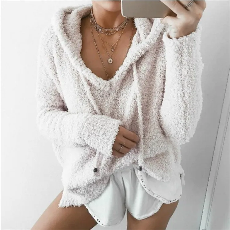 

2018 Hot Sale Hooded Solid Color Lace-up Mohair Sweater, Pictures