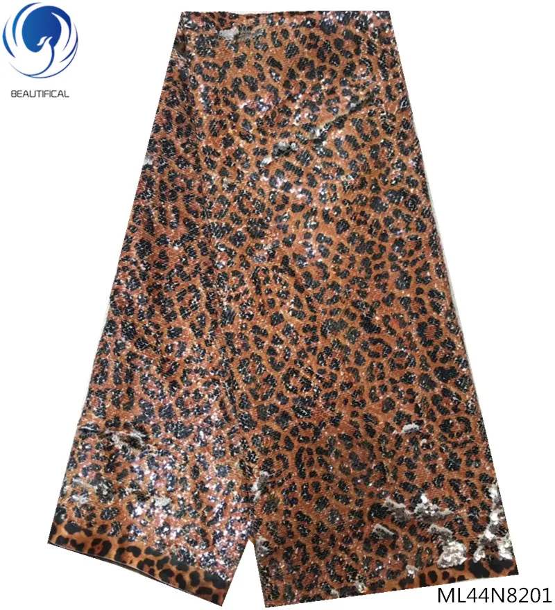

Beautifical Fashion leopard print sequins african hot sale tulle lace fabric for women dress nigerian lace fabric 5yards ML44N82, Can be customized