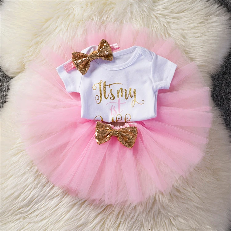 

Baby Girls 1st Birthday Romper Bodysuit Tutu Skirt Set Newborn Baby Girl Clothes One Years Dress, As the picture show
