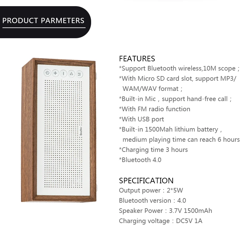retro wooden speaker oneder v2 10w 1500mah Support TF Card/USB drive/AUX/FM wooden wireless bluetooth speaker - ANKUX.COM