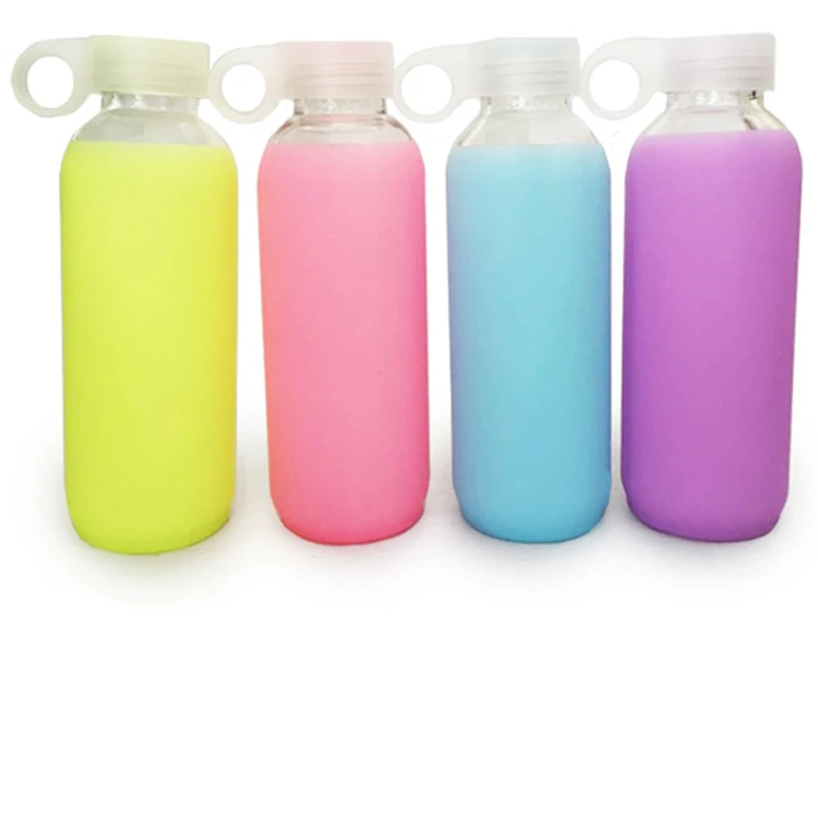 

BPA Free 420ml Sport Glass Water with Colorful Soft Silicone Grip Glass Water Bottle Silicone, Custom pantone colors