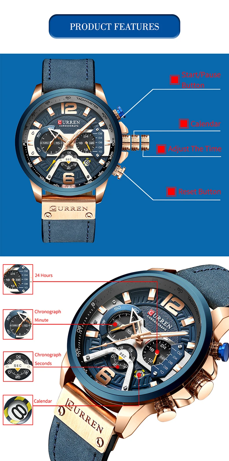 curren casual sport watches for men blue top brand luxury military leather wrist watch man clock fashion chronograph wristwatch