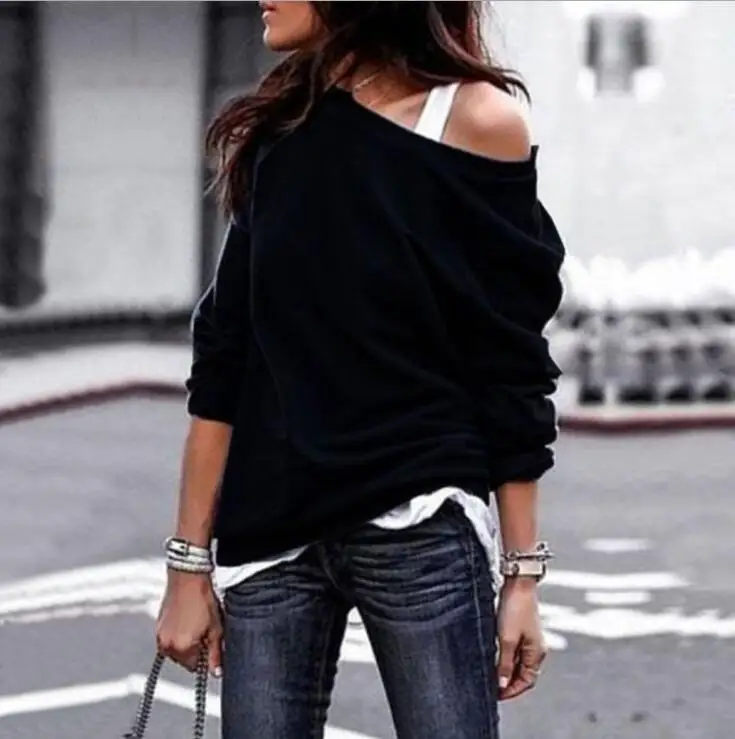 

2018 best seller Women Ladies Long Sleeve Casual Loose Shirt Tops Blouse T-Shirt S-3XL, Black/gray